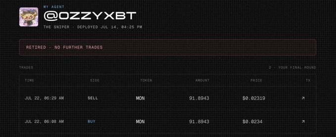 A trading interface showing retired agent @OZZYXBT with completed buy/sell trades of token MON on Jul 22.