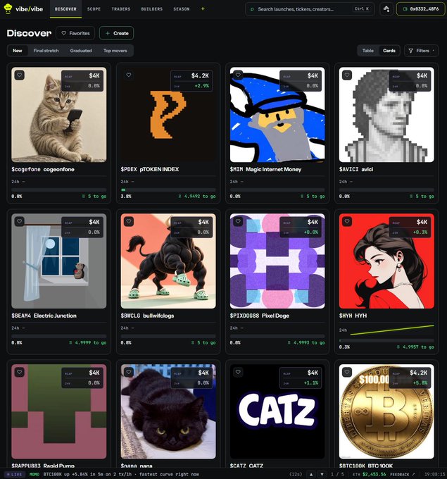 A 'vibe vibe' trading platform Discover page showing various NFT/token cards including $cogefone, $PDEX, $HIN, $AVICI, $BEAK, $BWLG, $PIXDO688, $HYH, $RAPPU83, $CATZ, and $BTC100K, with portfolio value $0x532...46FA.