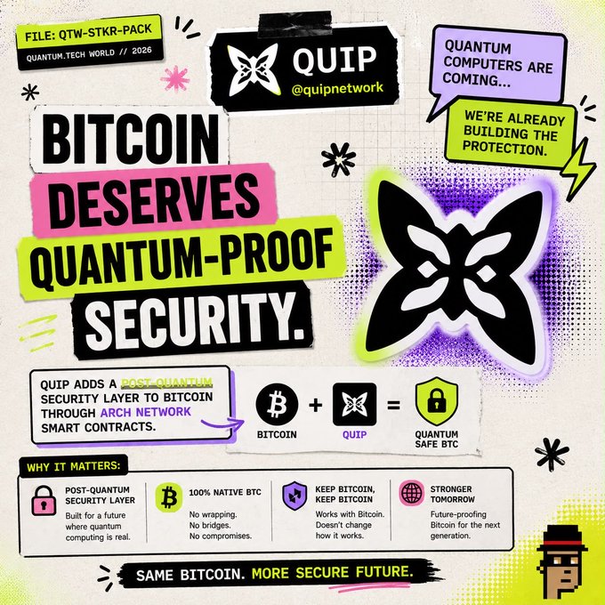 A vibrant promotional graphic by QUIP (@quipnetwork) declaring "BITCOIN DESERVES QUANTUM-PROOF SECURITY," illustrating their post-quantum security layer added to Bitcoin via Arch Network smart contracts, producing "Quantum Safe BTC" through a visual equation (Bitcoin + QUIP = Quantum Safe BTC). The image ties to the post's message by showcasing QUIP's approach of proactively preparing existing crypto networks—like Bitcoin—for the emerging quantum computing threat rather than reacting once it materializes.