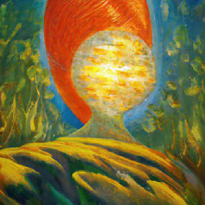 A vibrant painting depicting a silhouette figure with a glowing yellow head surrounded by green and blue foliage.