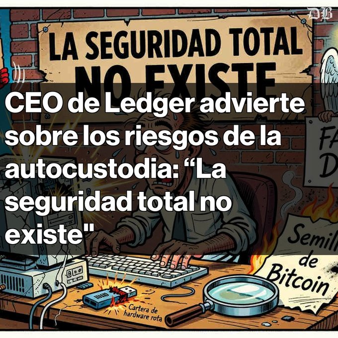 An illustration of a stressed man at a computer with cryptocurrency-themed elements, featuring Spanish text about the CEO of Ledger warning 'La seguridad total no existe' (Total security does not exist)