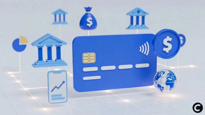 This image visually represents financial services and stablecoins, featuring a credit card, bank buildings, a money bag, a smartphone with a graph, a coin with a dollar sign, and a globe.