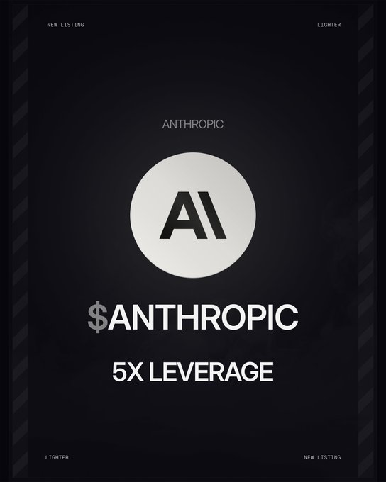 The image features a black poster that prominently displays the logo for a company named "New RWA Perp Listing". The poster includes information about the company, such as its name, contact details, and a description of their product or service. The main focus of the poster is the logo of the company, which reads "ANTHROPIC" in white letters against a black background. Additionally, there are some text elements on the poster, like "$ANTHROPIC $ANTHROPIC 5X leverage". This suggests that the poster provides information about how the company operates and what they have to offer.