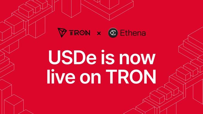 A red promotional graphic announcing 'USDe is now live on TRON' featuring the TRON and Ethena logos side by side.