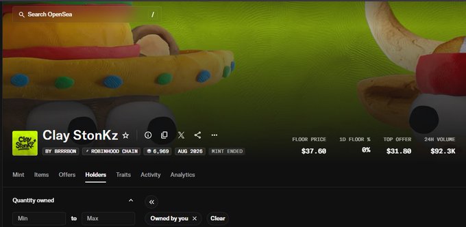 The image shows the OpenSea collection page for "Clay StonKz" (by smorclk), displaying a floor price of $37.60, 9,969 items, and 6,969 holders, with the Holders tab selected. The post highlights this as a successful second-best mint of the month due to its public mint selling out slowly in 10–20 minutes without bots, aligning with the active holders data shown on the page.