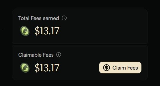 A dashboard screenshot showing 'Total Fees earned' and 'Claimable Fees' both at $13.17 with a 'Claim Fees' button, displayed on a dark background.