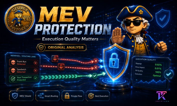 A promotional graphic for 'MEV PROTECTION' featuring a cartoon figure in colonial attire with a shield, showing protection against front-running and sandwich attacks in a mempool/routing lane visualization with execution quality metrics.