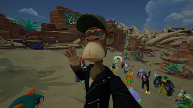 A screenshot from a virtual reality game showing an avatar of a monkey wearing a leather jacket, cap, and sunglasses waving at the camera, with other colorful player avatars in a desert-themed environment.