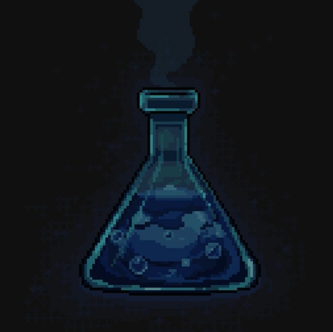 A pixel art illustration of a blue potion flask with bubbling liquid inside, emitting smoke from its narrow neck against a dark background.