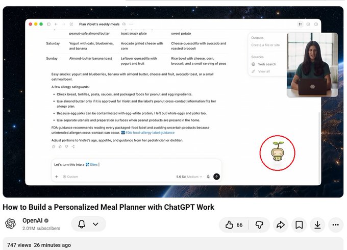 A YouTube video thumbnail from OpenAI's official channel titled "How to Build a Personalized Meal Planner with ChatGPT" shows a meal planning document with a small Sprout pet mascot circled in red, which relates to the post's commentary about OpenAI repeatedly featuring their ChatGPT pet characters to promote the feature.