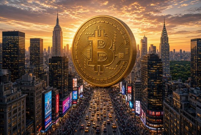 A digital artwork depicts a giant golden Bitcoin coin floating over a bustling city street at sunset, with skyscrapers and bright billboards lining the road filled with traffic.