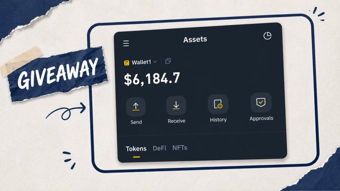 A promotional graphic showing a digital wallet interface with an asset balance of "$6,184.7" and a paper-style "GIVEAWAY" label with an arrow pointing to the wallet.