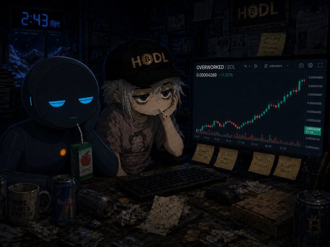 A weary anime-style girl wearing a "HODL" cap sits slumped at her desk beside a tired blue-eyed robot drinking apple juice, both staring at a Solana price chart for "OVERWORKED / SOL" showing a +11.62% gain at 2:43 AM, surrounded by motivational sticky notes like "Send the pickle" and "WAGMI (love)" that embody the relentless, unpaid intern grind of the meme token.