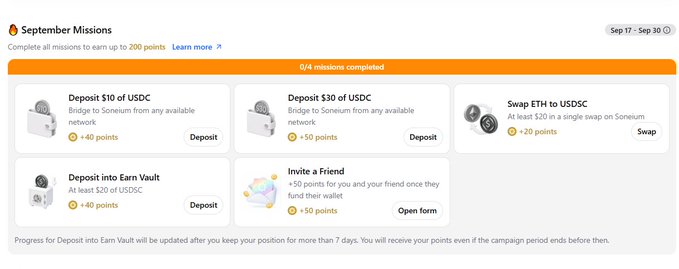 A screenshot of a 'September Missions' rewards page showing 0/4 missions completed, including options to deposit $10, $30, or Earn Vault USDC, swap ETH to USDC, and invite a friend.
