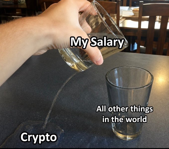 A meme showing a hand pouring liquid from one glass labeled 'My Salary' into a glass labeled 'Crypto' on a table, while 'All other things in the world' sits in another glass nearby.