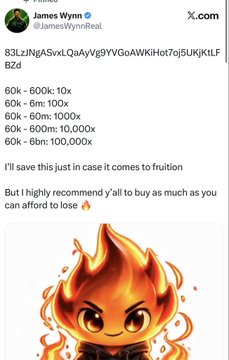 A screenshot of a tweet by James Wynn (@JamesWynnReal) displaying a trading ledger with entries like '60k - 600k: 10x' and '60k - 6m: 100,000x,' accompanied by the text 'I'll save this just in case it comes to fruition' and a fire emoji meme at the bottom.
