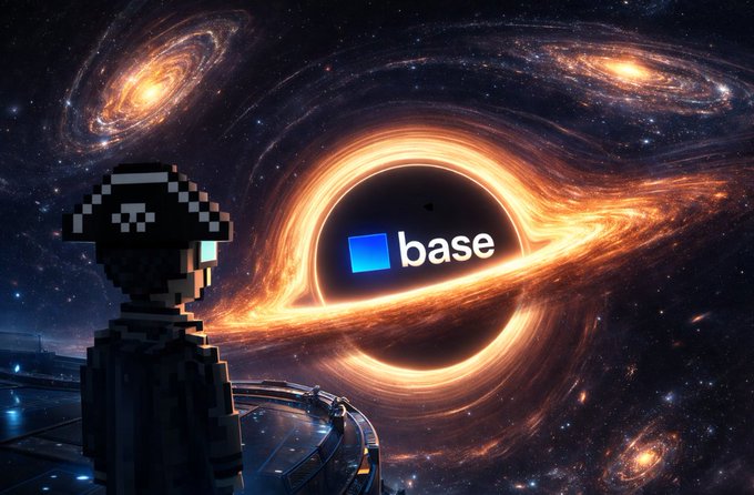 A pixel-art character wearing a black hat and sunglasses stands looking at a black hole displaying the 'base' logo in space.