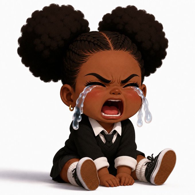 A 3D-rendered cartoon baby with two large afro puffs, wearing a black suit and white sneakers, sits crying dramatically with large tears streaming down its face.