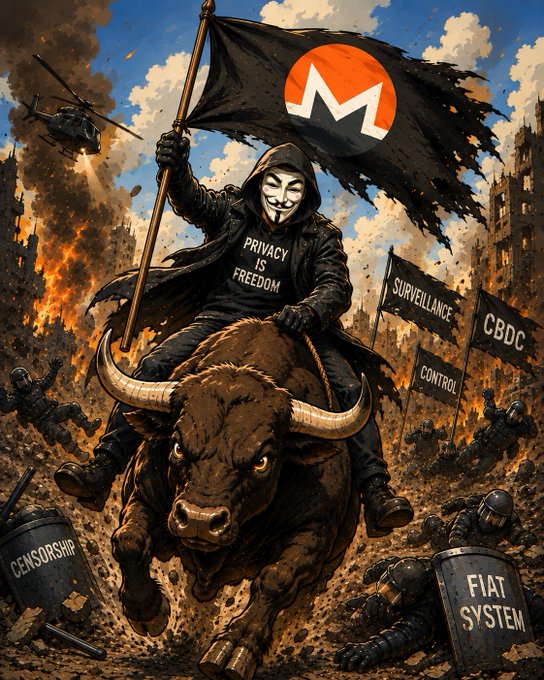 A Guy Fawkes-masked figure on a charging bull waves a Monero flag while trampling through barricades labeled "Surveillance," "Control," "CBDC," "Censorship," and "Fiat System," with "Privacy is Freedom" emblazoned on their shirt—powerfully visualizing the poster's unwavering bullish conviction that $XMR's privacy-first ethos will outlast shifting market narratives.