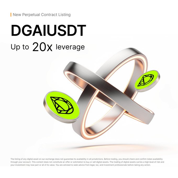 Bybit announces the new **$DGAIUSDT** perpetual contract listing for **$DGAI by @dgrid_ai**, now available with up to **20x leverage**. The image features a metallic orbital design with DGRID-branded green emblems to highlight the launch.