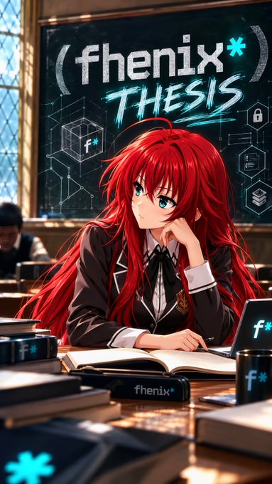 An anime character with long red hair sits at a classroom desk with a laptop, surrounded by books and tech-themed items, while a chalkboard behind her displays "fhenix* THESIS." The image visually represents the educational "10 Minutes to understand" format about Fhenix Blockchain, with the academic setting symbolizing learning about blockchain transparency and verifiable computation.