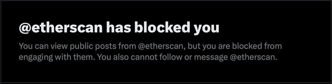A screenshot showing a message that reads "@etherscan has blocked you" with text explaining that the user can view public posts from @etherscan but is blocked from engaging, following, or messaging them. The image illustrates the post's joke that Etherscan, known as a blockchain "block explorer," has taken the term literally by blocking a user on social media.