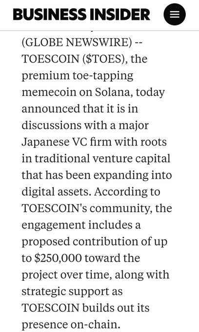 Business Insider article snippet announcing that TOESCOIN ($TOES), a Solana memecoin, is in discussions with a Japanese VC firm for a contribution of up to $250,000.