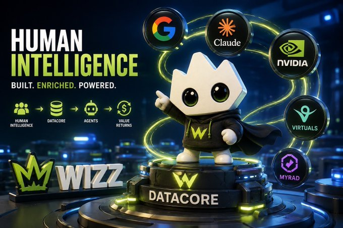 A promotional graphic for 'WIZZ' featuring 'HUMAN INTELLIGENCE' with the tagline 'BUILT. ENRICHED. POWERED.' showing logos for Google, Claude, NVIDIA, Virtuals, and Myrad around a cartoon mascot on a Datacore platform.