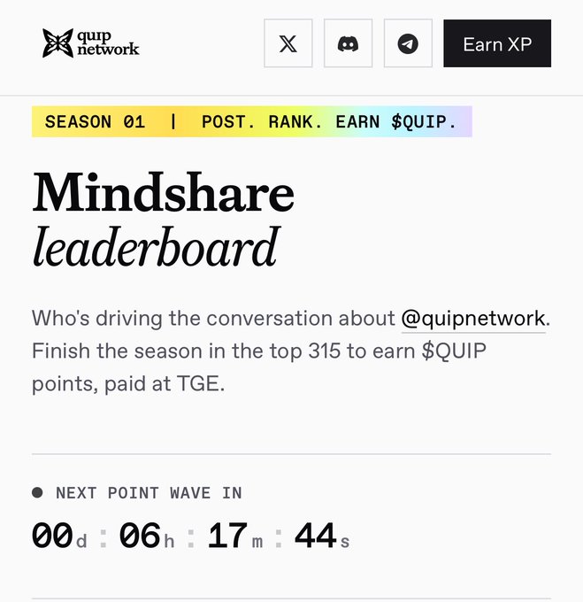 A Quip Network "Mindshare leaderboard" Season 01 page displays a countdown showing the next point wave in 00d 06h 17m 44s, with text stating users can earn $QUIP points by finishing in the top 315 for driving conversation about @quipnetwork. The image complements the post by visually showing the roughly 6-hour deadline the author references before the weekly leaderboard closes.