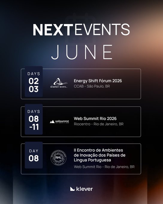 The image features a poster for an event happening in June. The poster displays three days of upcoming events with dates, including "June 8 - 11", "June 12 - 14", and "June 15 - 17". The text on the poster highlights that the best conversations happen face-to-face, and it mentions that the Klever team will be attending some of Brazil's biggest technology and innovation events.
