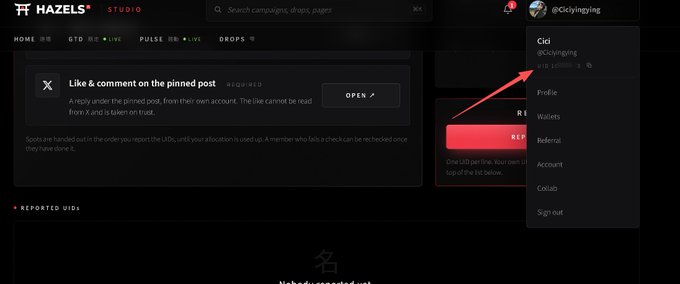 A screenshot of the Hazels Studio platform homepage shows a user profile menu open for @ciciyingying, with a red arrow pointing to the "UID" field displaying the number 11810003 for copy-paste purposes. This relates to the post's instructions to follow @ciciyingying as part of the requirements to qualify for the airdrop giveaway.