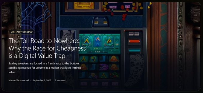 Article header titled 'The Toll Road to Nowhere: Why the Race for Cheapness is a Digital Value Trap' in the Digitally Deluded category, written by Marcus Thronewood on September 3, 2026, with a subtitle about scaling solutions.