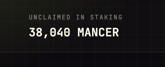 Text on a dark background reading "UNCLAIMED IN STAKING" above "38,040 MANCER".