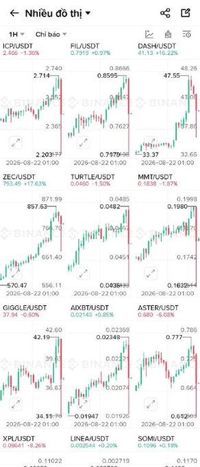 The image shows a cryptocurrency trading app displaying multiple candlestick charts on a 1-hour timeframe, with notable prices like ICP/USDT at 2.714, FIL/USDT at 0.7919, and DASH/USDT at 47.55, all marked with a date of 2026-08-22. The visible losses across these assets align with the post's narrative of a morning rally followed by a harsh midday crash that silenced the market.