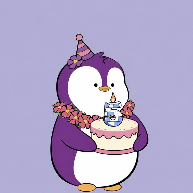 A cartoon illustration of a purple penguin wearing a pink and purple striped party hat and a flower lei, holding a small birthday cake with a lit candle.