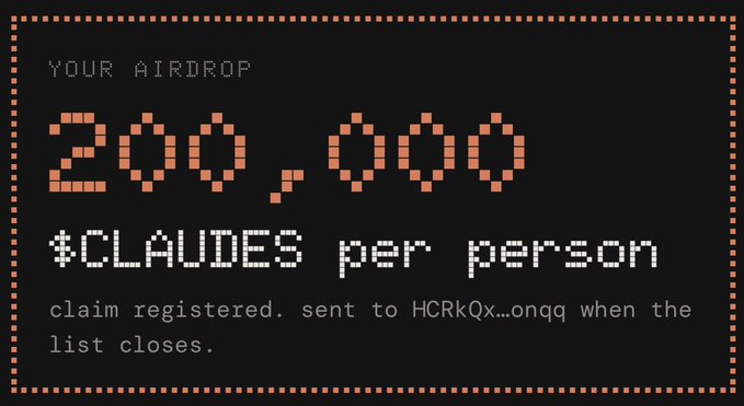 The image is a dark screen with pixelated orange and white text that reads "YOUR AIRDROP 200,000 $CLAUDES per person," indicating a registered claim with a partially hidden wallet ("HCRkQx…onqq") to receive the tokens once the list closes, matching the post's promotion of the $CLAUDES airdrop claim at claudes.dev/claim on a first-come, first-served basis.