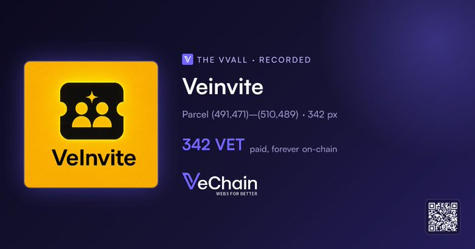 A VeChain blockchain graphic shows a parcel tokenization called 'VeInvite' from The Vvall for 342 VET, paid forever on-chain.