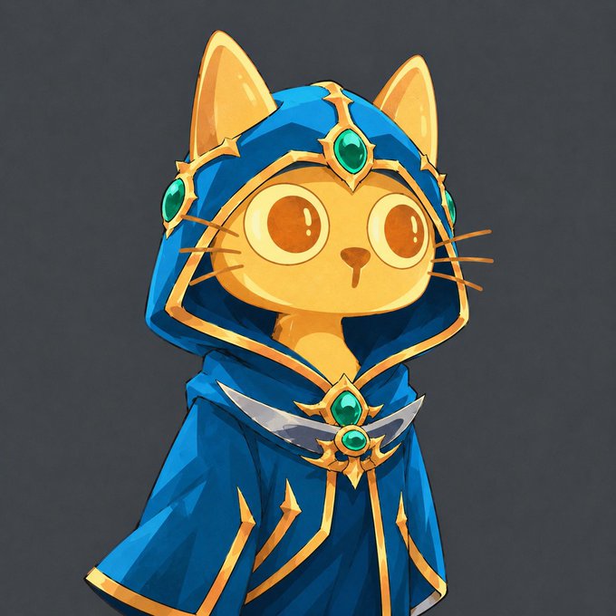 Digital artwork of an orange cartoon cat wearing a blue hooded robe with gold trim and green gem accents, resembling a fantasy mage character.