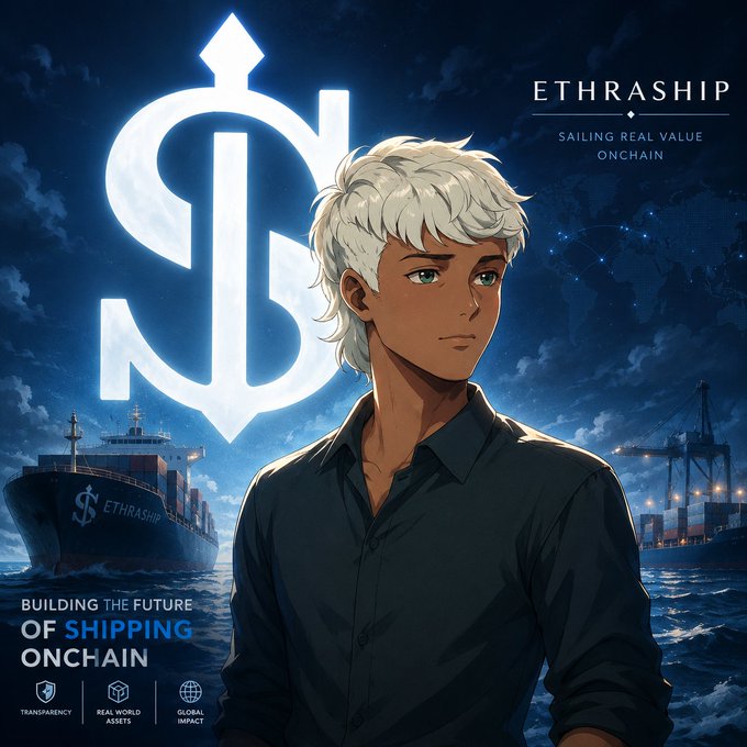 An anime-style promotional poster for 'ETHRASHIP' with the tagline 'SAILING REAL VALUE ONCHAIN' and 'BUILDING THE FUTURE OF SHIPPING ONCHAIN', featuring a white-haired character in front of a cargo ship and a glowing dollar-sign anchor.
