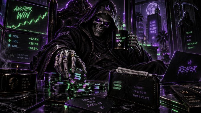 A stylized illustration of a hooded grim reaper character called 'Reaper' in a dark cyberpunk setting, surrounded by glowing green screens displaying crypto gains, 'WIN CASH OUT REPEAT', 'SOL +12.4%/+28.7%/+61.3%', and 'FUNDS FREEDOM MORE PLAYS'.