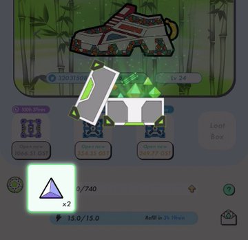 A mobile game screenshot showing loot box openings with GEM rewards, displaying '320.37/$58' and various GST cost options including 454.35 GST and 749.77 GST, with Lv 24 visible.
