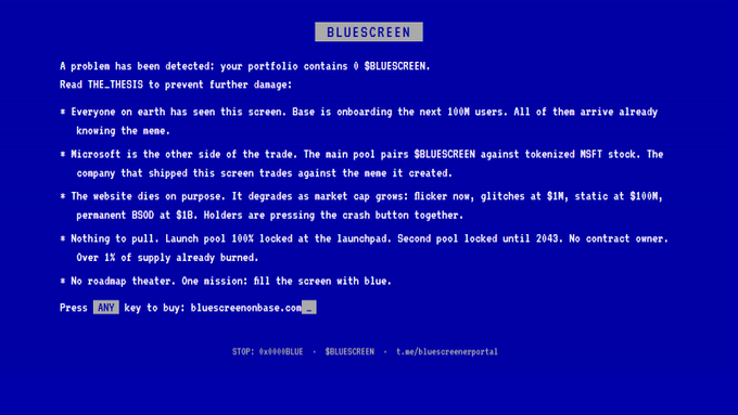 A satirical blue 'BLUESCREEN' of death displays text parodying a Windows error message, claiming Microsoft is the other side of the trade for the '$BLUESCREEN' token against tokenized MSFT stock, with details on tokenomics and a website 'bluescreenonbase.com'.