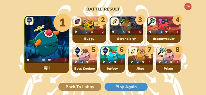 A 'BATTLE RESULT' screen from a game showing the winner 'ijiji' in 1st place with a score of 10/2, followed by players Buggy, Serendipity, dreamweaver, Boss Kookoo, jeffsey, Jihoz, and Prixm.