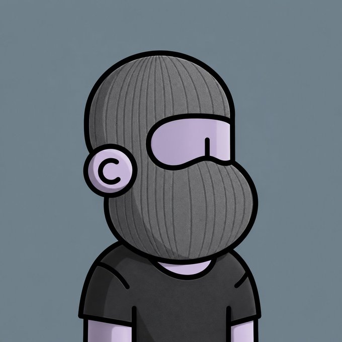 A cartoon illustration of a character wearing a dark grey ski mask with a 'C' logo on the ear area and a purple visor, dressed in a black t-shirt against a grey-blue background.