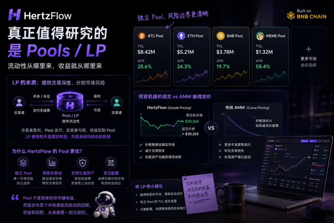 An infographic in Chinese for 'HertzFlow' explaining cryptocurrency Pool/LP concepts, featuring BTC, ETH, BNB, and MEME pools with TVL statistics and APR percentages, built on BNB Chain.