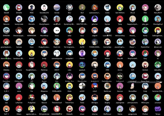 A grid display of numerous circular profile pictures/avatars with various usernames such as Steel8, Dina8e, MDG, Swedlow313, Acinde, BCJ, BL8, cybereventur, motto, Sam Withers, DILO, Mio, Red_8%, Neuzron, barejymade, Marcello, MustyDiapers, Jane_xtn, Symphony 88, DAN THE LOS, pEuman, Lilyrose, Tykay, Happyluckyeh, jaky_gv4, Moonlight J, SHADOW, DracarysusFL, HONKHONK, Moonriezy, theoc, willw, ducu, edgel4, Luna 東子灯, Alishacowboy, Attwix, Keiko, Dallogger, greenleders1, hemcee, Hans, PudgeAmateur, Pack Unk, Yet-longname, Astr110, TH3GOLDN3, CamilaMgn, JessicaKingOu, Meow*, MysticEther, just Juli, Aaron @a, bandana', Bikalr, Bridy, cometlhpanda, coolgolfer1, Dracks, Jazty, Kokinho, Mojo, NinjaTurtlePL, Otzy, dc, DWebb, Fortune, KangBoSoon, Markmax, MKICY, naka, ppaduck, strt, DRK, Arsonic, CZIR, Darkest, debudofha, flamingfocus, rOhelderules, OVD, Krislan, Kris, Bu-loks Err, KleenBadder, Anabolic-V, PlantsWaste, herbowpost, j_botBeng, Stranj Pnok, U_B, versa, Yya, Bloppeno, Ethdiura&Eth, Muke, p0432, robo5, Semb Lee, Xemnas, BuzzedBee, Cody, heroman ChA, isa, LeftyTran, PudgySeal, Rybicki, TheNextGhost, Treach Pyro, Tukas, Bill Signa, Brighty, Japanesse, johnnyacosto, REDcrypto, umutcan, Vki #, Hikaru, agados (afo), DCryptorian, GWorld8880, thekasik, chaos, charoco, MuffinLvr, Katma, penguinola, ProFun, and Tempo.