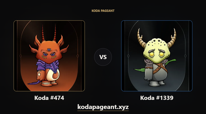 The image features two cartoon characters, a red one with horns and an orange one without horns, standing side by side against each other. The text "in a pageant, a weapon'd koda won't always win #474 vs #1339 Would you pick cape koda or weapon koda @OthersideMeta @YugaLabs" is displayed above the characters. This post seems to be discussing the differences between the two cartoon characters in a playful manner rather than being an actual contest.
