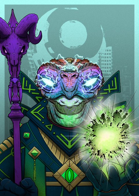A menacing reptilian overlord with glowing eyes, dragon-like horns, and a staff radiating green energy dominates the scene, set against a ruined cityscape beneath a crescent moon — perfectly embodying the dark, mystical "Hail Draconis" NFT branding tied to the .01 ETH mint at haildraconis.xyz.