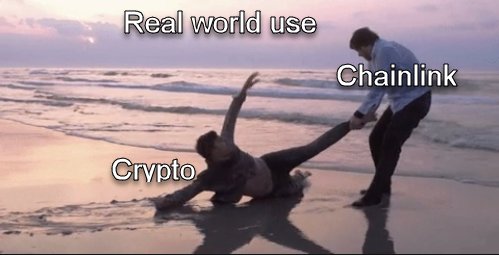 A meme image captioned "Real world use" showing two men struggling on a beach, where one labeled "Crypto" is being dragged down by another labeled "Chainlink."