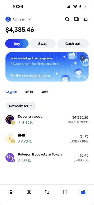A MetaMask crypto wallet screenshot showing a portfolio balance of $4,385.46, with the largest holding being 284,688 DEOD (Decentrawood) tokens valued at $4,383.28, up 13.39%. The image highlights the user's accumulation of the AI-related "Decentrawood" token, supporting the post's claim about positioning in AI crypto gems ahead of a projected 2026 AI narrative cycle.